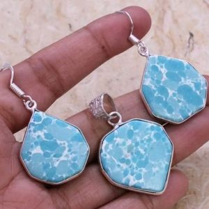 Dominican Blue Agate Pendand & Earrings Set + Free Chain